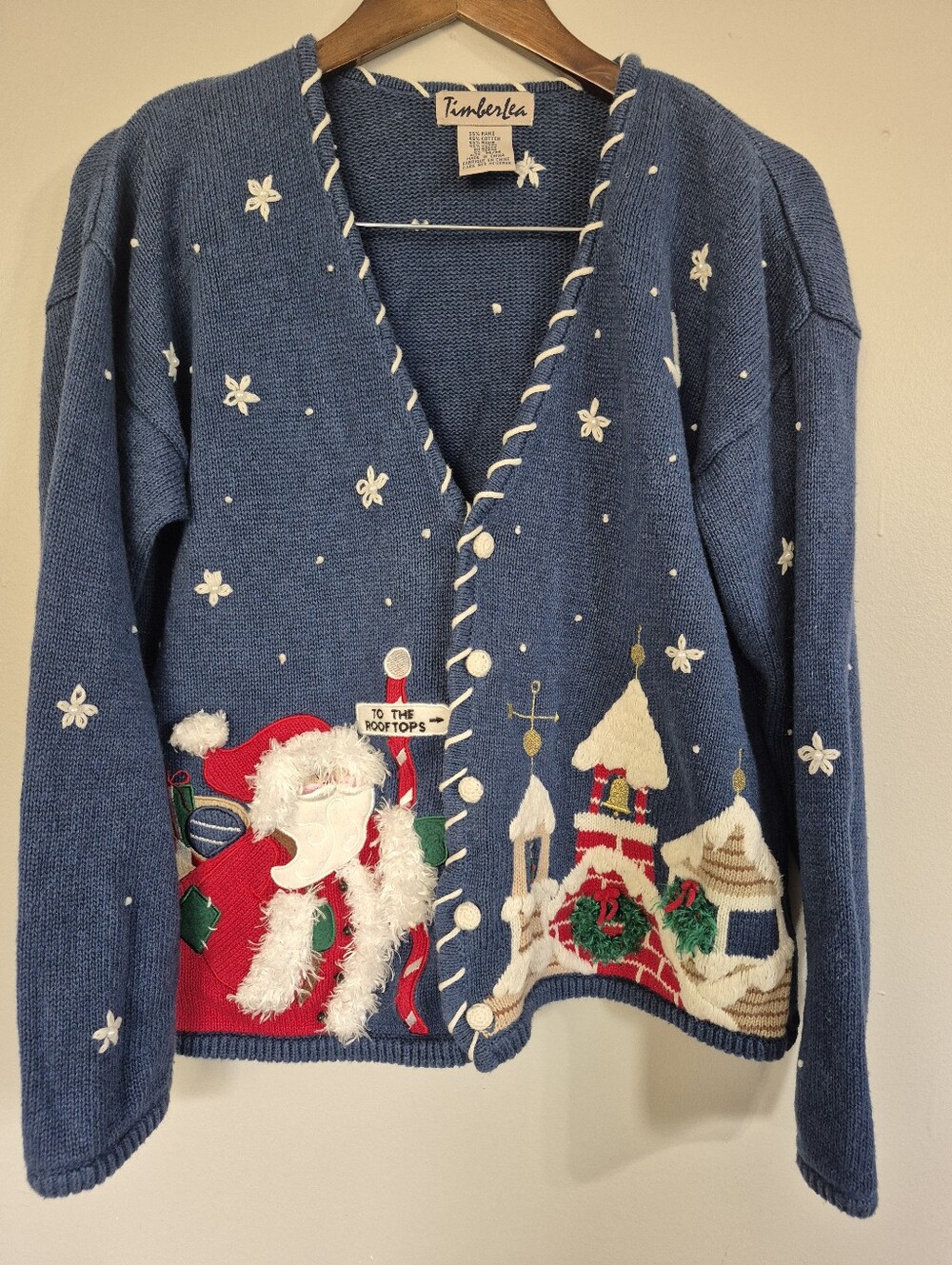 Blue Festive Santa Holiday Cardigan Sweater Cotton Medium